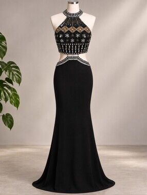 Xscape Beaded Cut-Out Halter Maxi Dress
